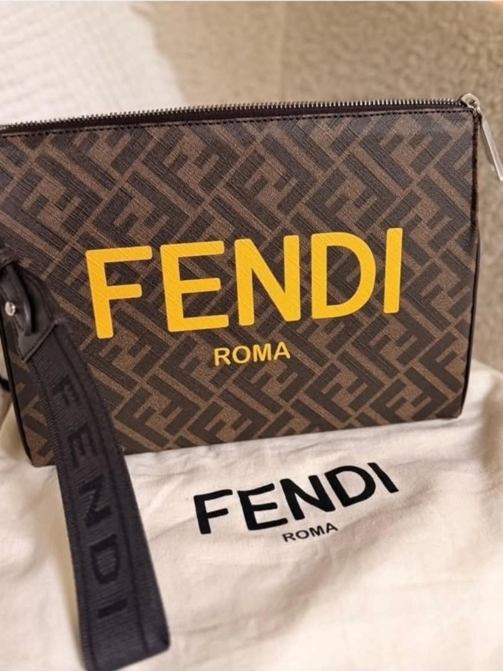 Fendi Roma Brown Monogram Zip Pouch with Yellow Logo